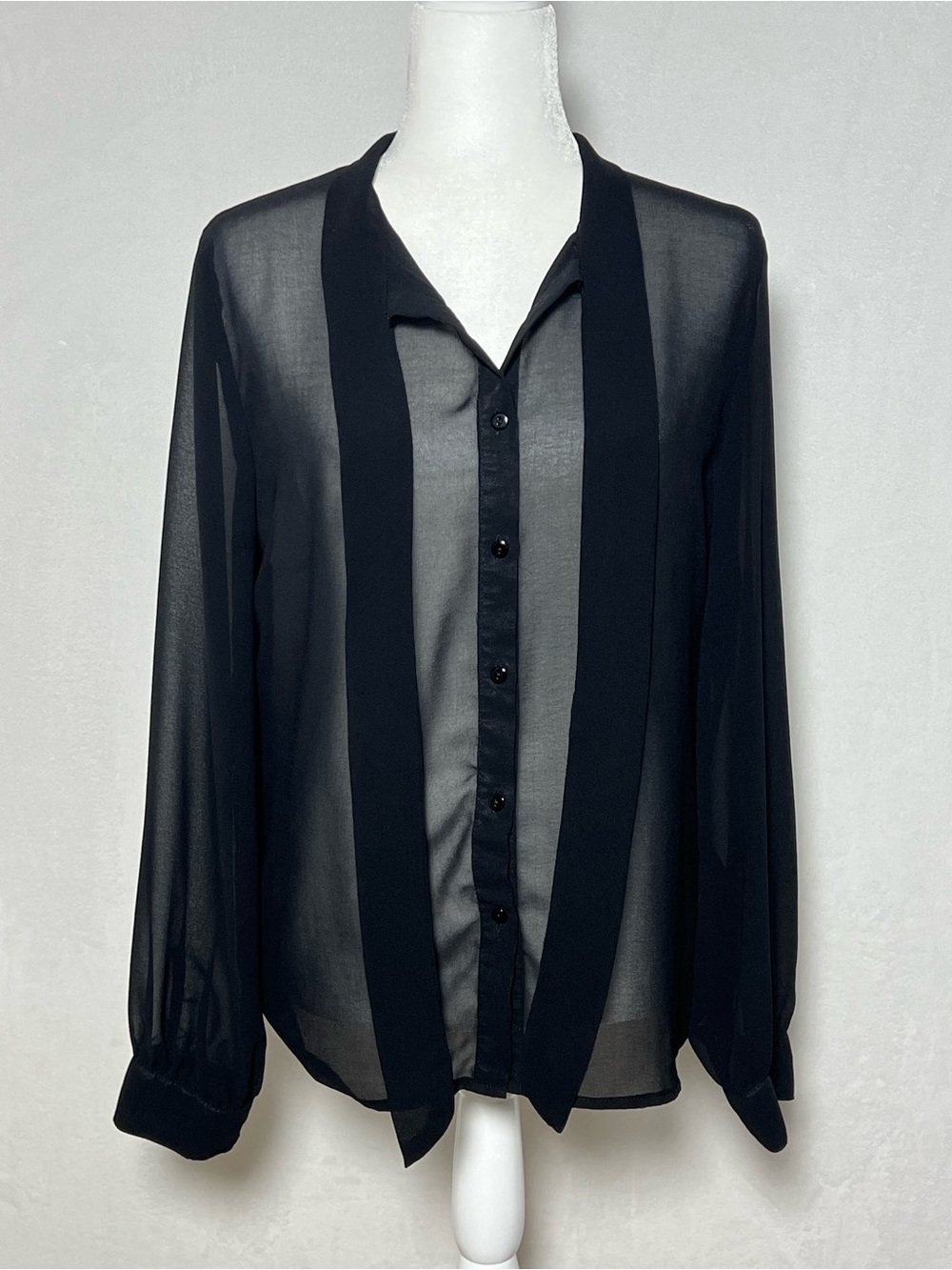 Black Sheer Button Down Long Sleeves Blouse with Tie Bow - size L